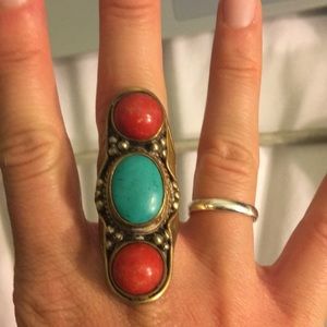 Large gold turquoise/red ring